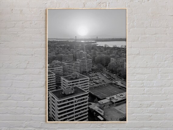 Black and White Queens New York Aerial Cityscape Sunset Poster