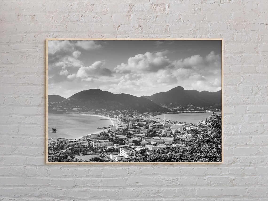 Saint Martin Caribbean Aerial Town View Black and White Travel Poster