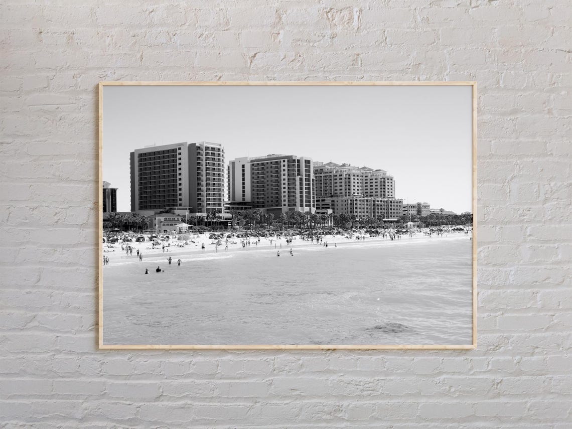 Clearwater Beach High Rise Hotels Black and White Coastal Poster