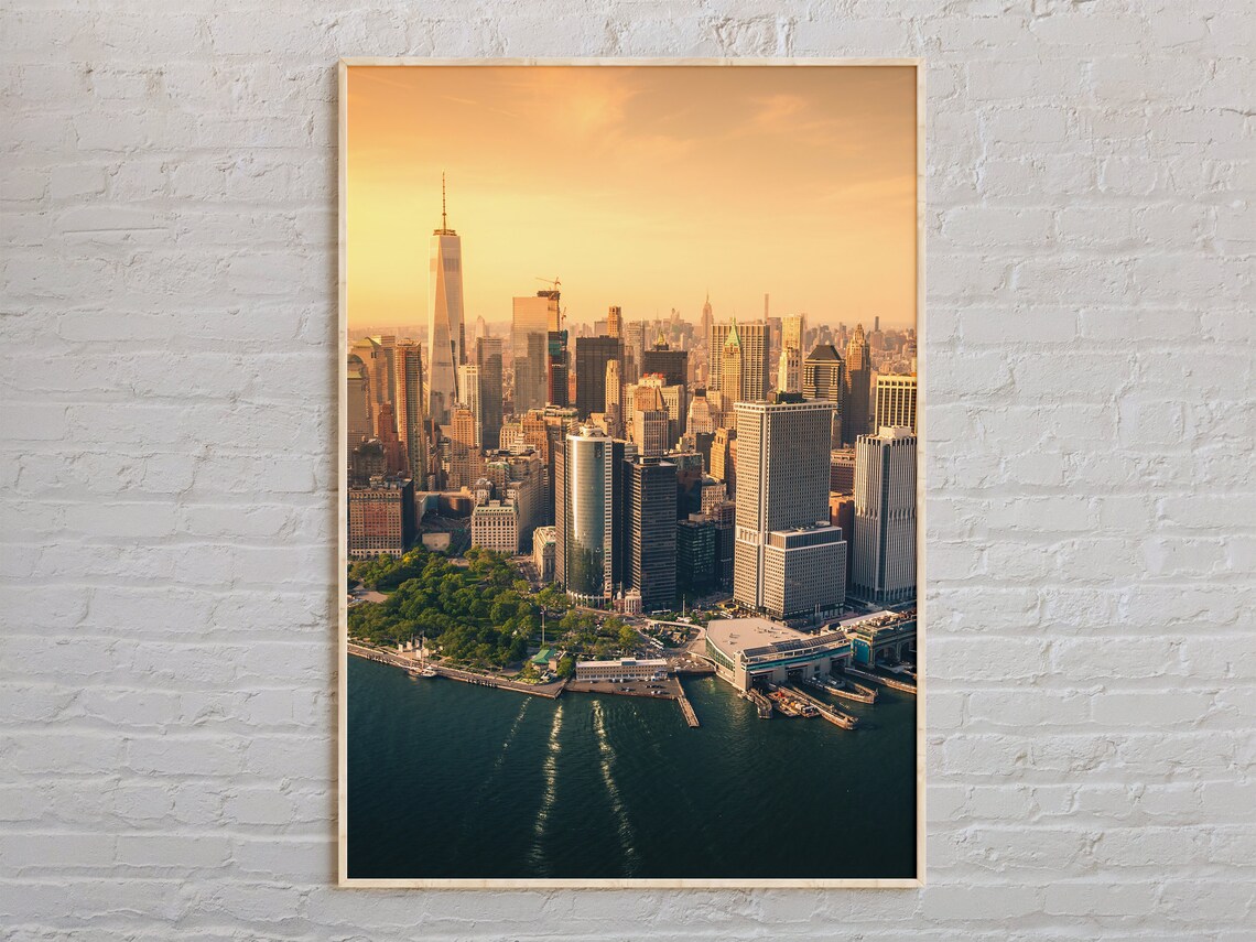 Real Photo Manhattan New York Golden Hour Aerial Skyline Poster