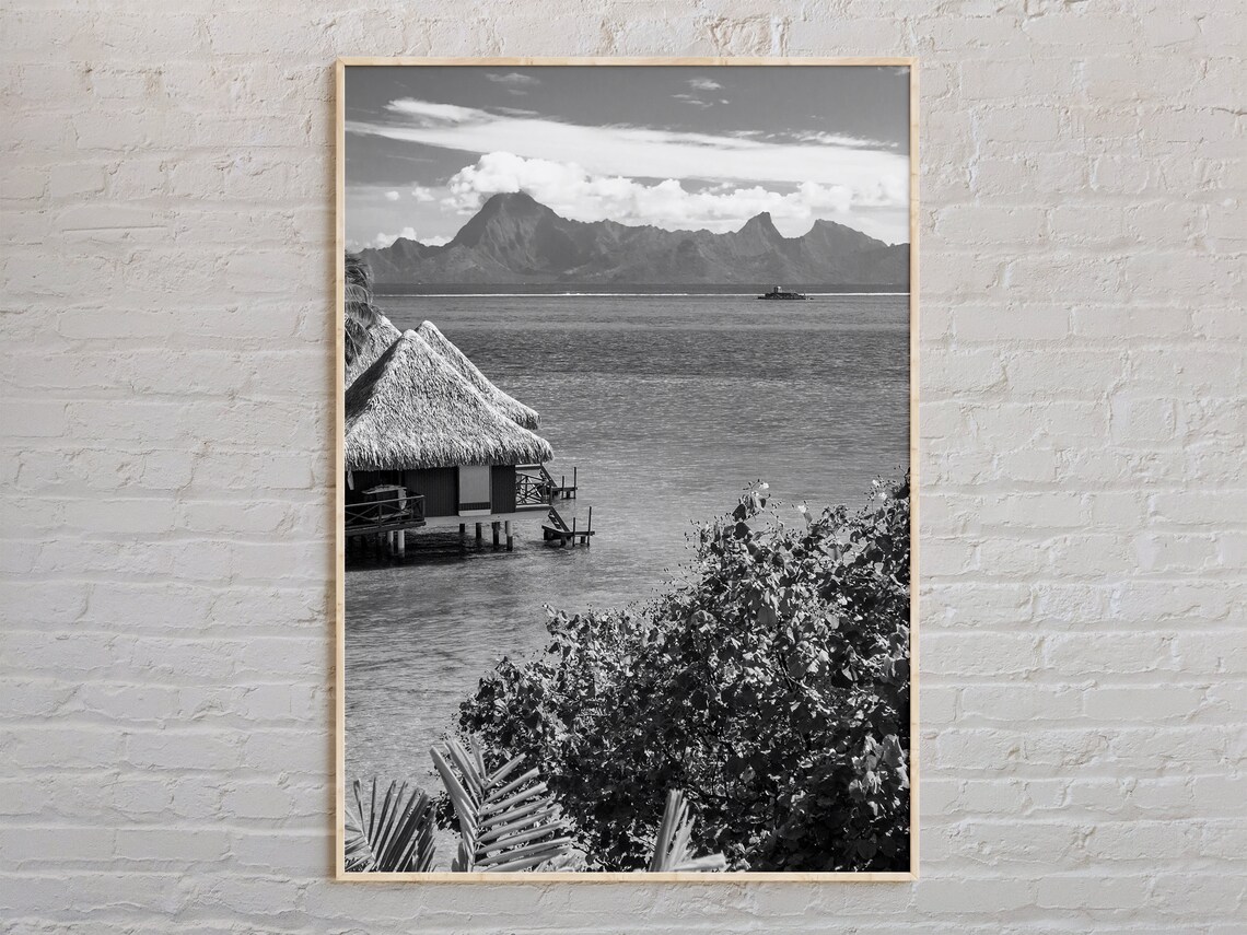 Tahiti Overwater Bungalows Black And White Tropical Photo Poster