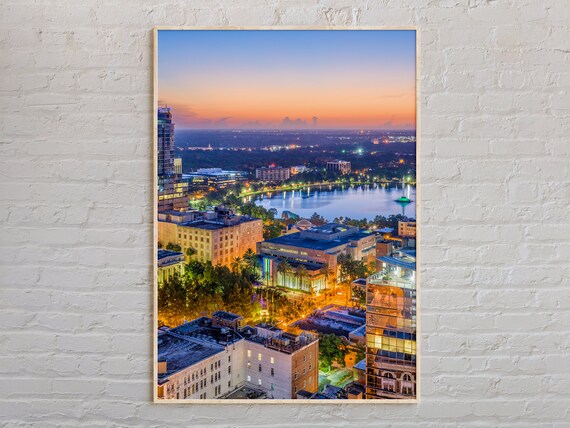 Orlando Florida Skyline Lake Eola Downtown Dusk City Photo Poster