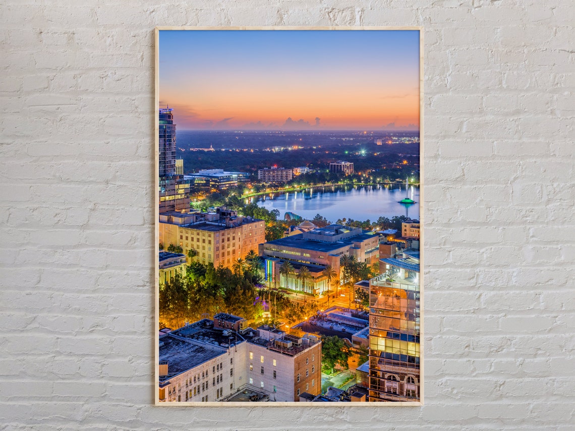 Orlando Florida Skyline Lake Eola Downtown Dusk City Photo Poster