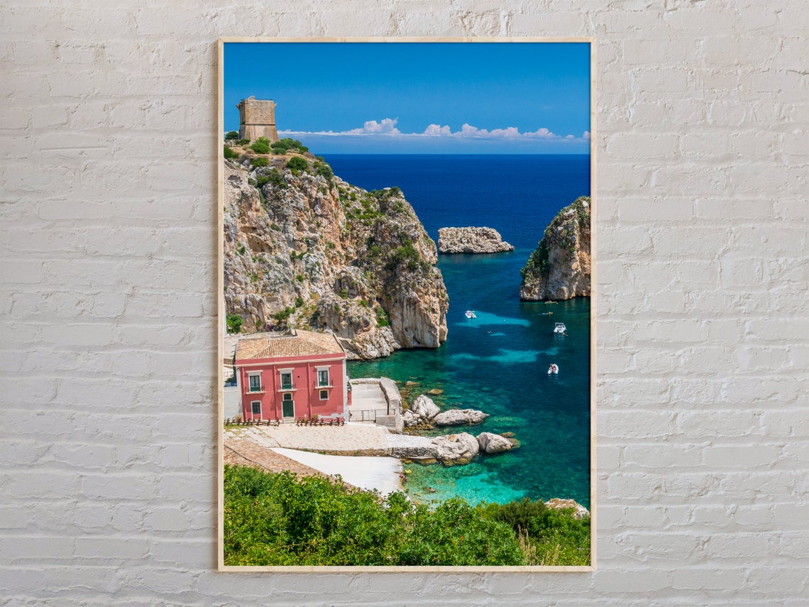 Sicily Italy Rocky Cove Sea Cliff Watchtower Mediterranean Poster