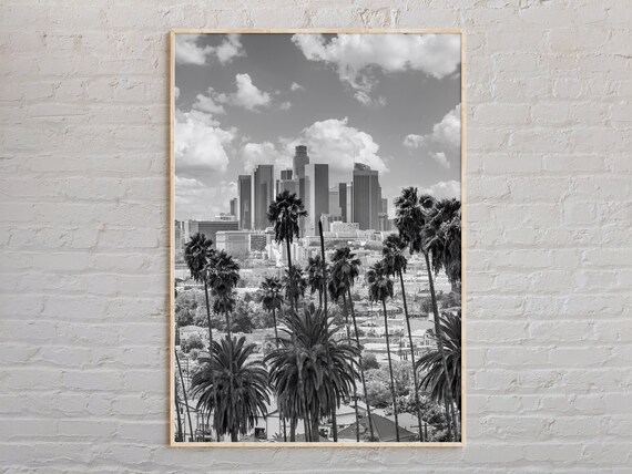 Los Angeles Skyline Palm Trees Black and White City Photo Poster