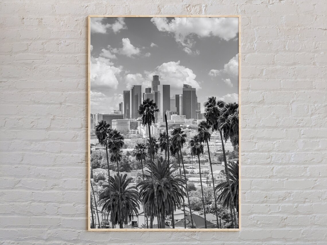 Los Angeles Skyline Palm Trees Black and White City Photo Poster