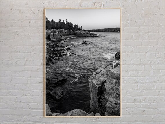 Black And White Acadia Rocky Coastline Waves Maine Photo Poster