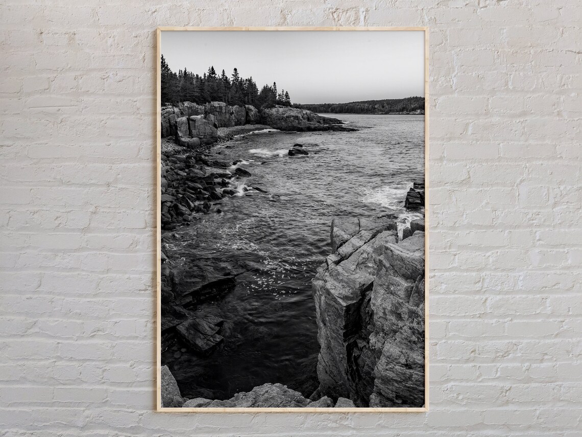 Black And White Acadia Rocky Coastline Waves Maine Photo Poster