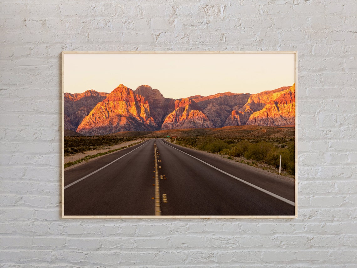 Red Rock Canyon Nevada Desert Road Sunset Glowing Cliffs Poster