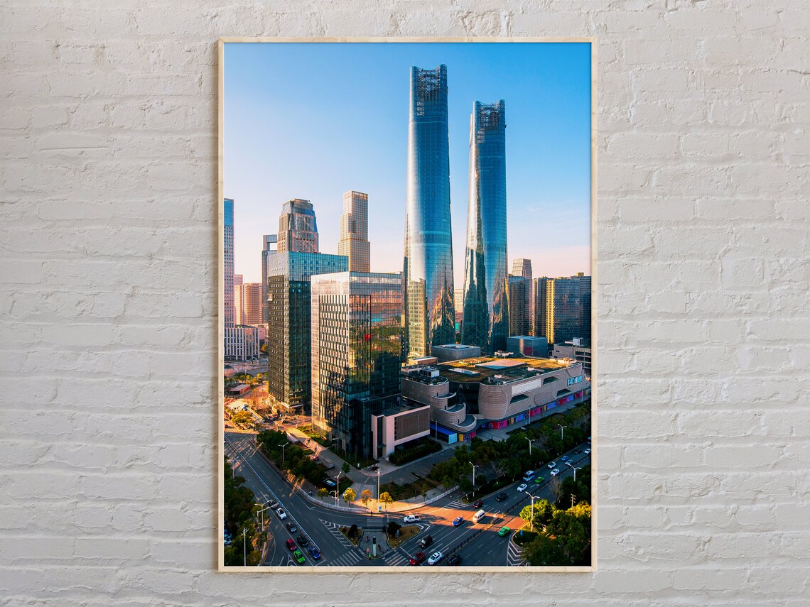 Twin Glass Skyscrapers Modern City Aerial View Travel Photo Poster
