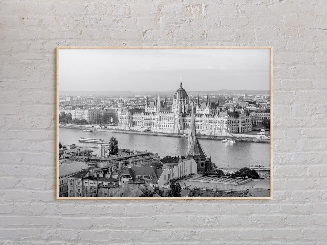 Budapest Parliament Poster Black White Danube River Hungary City View