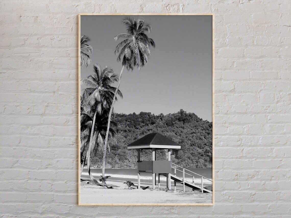 Trinidad And Tobago Beach Lifeguard Hut Black White Photo Poster
