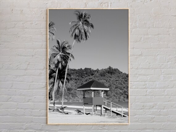 Trinidad And Tobago Beach Lifeguard Hut Black White Photo Poster