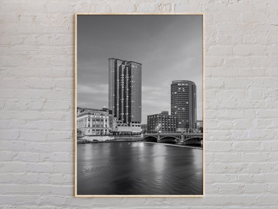 Grand Rapids Michigan Skyline River Black White Photo Poster