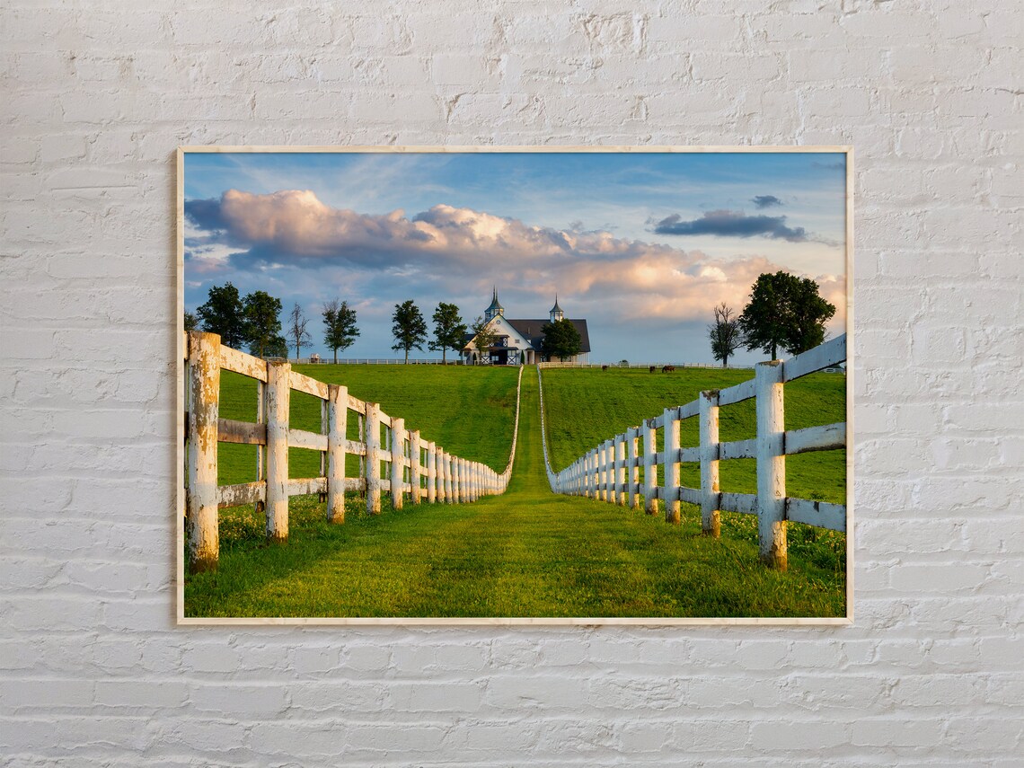 Kentucky Horse Farm Sunset White Fences Country Landscape Poster