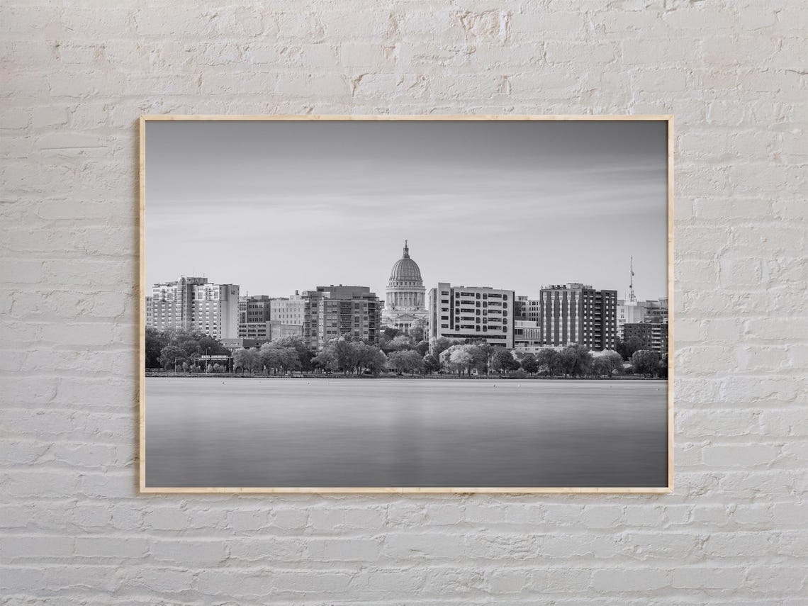 Madison Wisconsin Capitol Dome Black and White Lake Skyline Poster