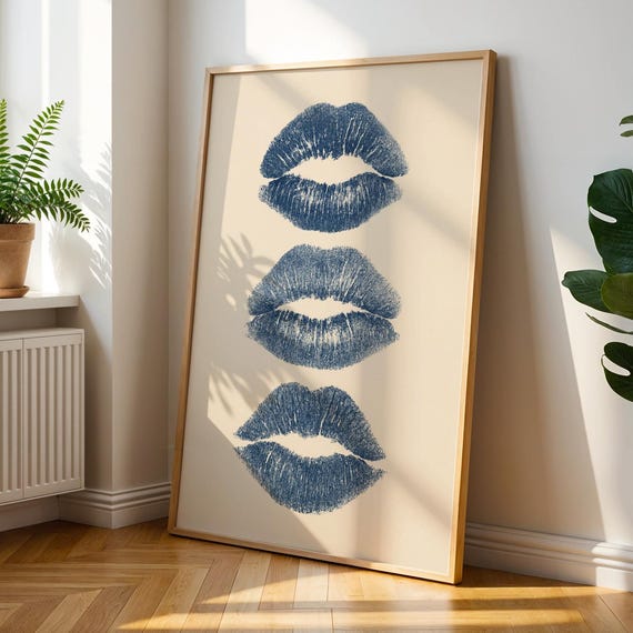 Blue Lipstick Kiss Print Minimalist Pop Art For Vanity Decor