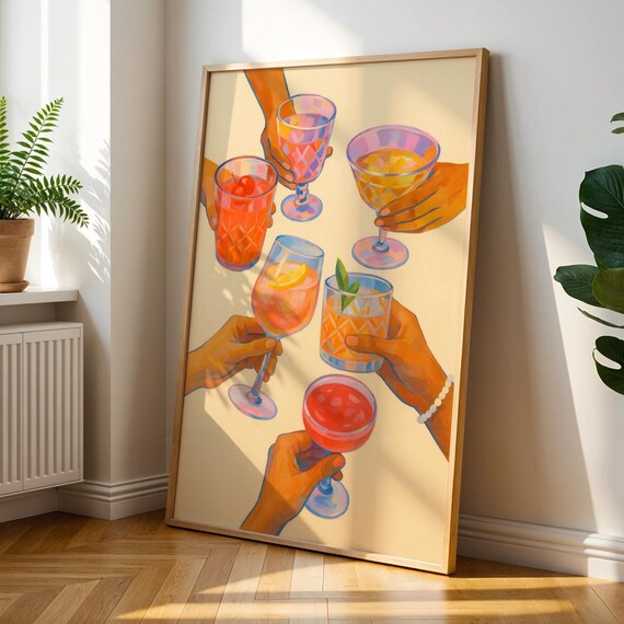 Hands Raising Colorful Cocktails Cheers Toast Bar Kitchen Poster