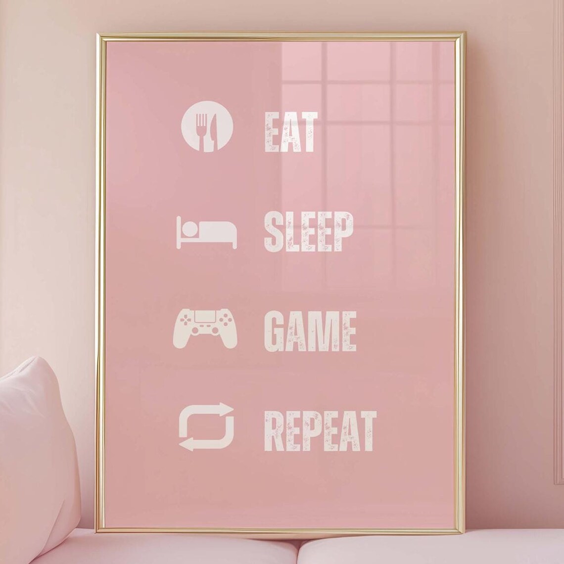 Eat Sleep Game Repeat Pink Gaming Quote Icons Teen Room Wall Print
