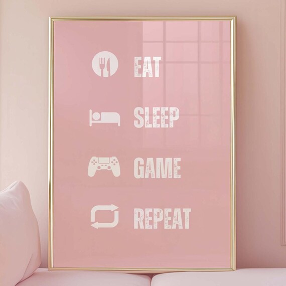Eat Sleep Game Repeat Pink Gaming Quote Icons Teen Room Wall Print