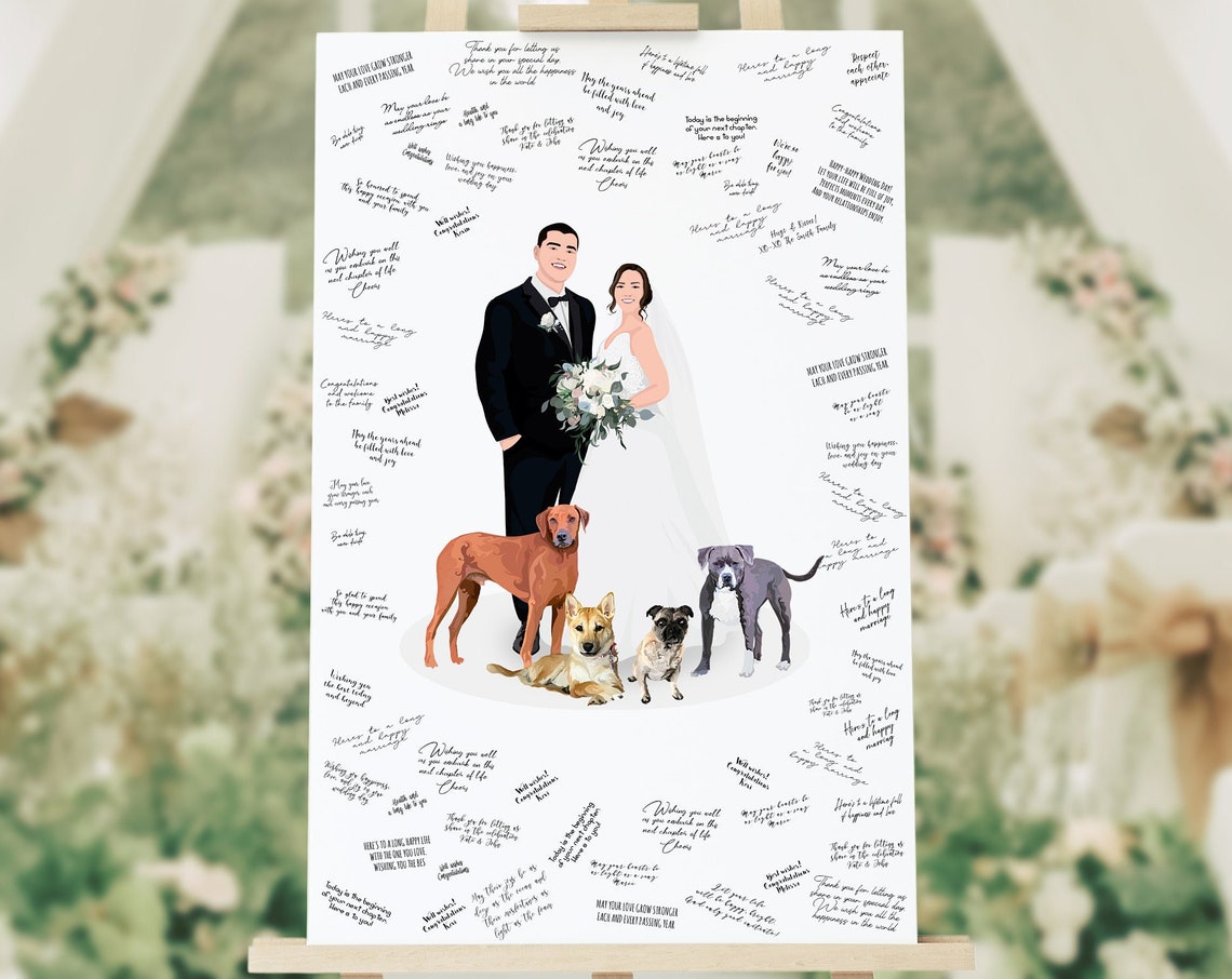 Personalized Wedding Couple Portrait With Five Pets Art Poster - Image 4