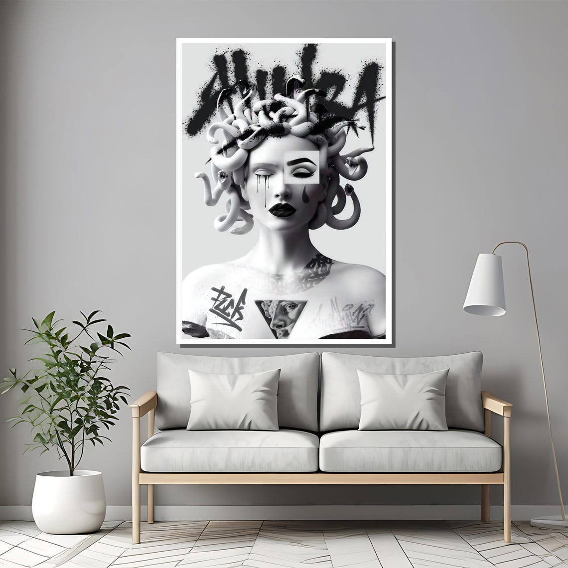 Medusa Painting Bold Black And White Graffiti Art Gift For Modern Home Decor And Unique Statement Wall Art - Image 2