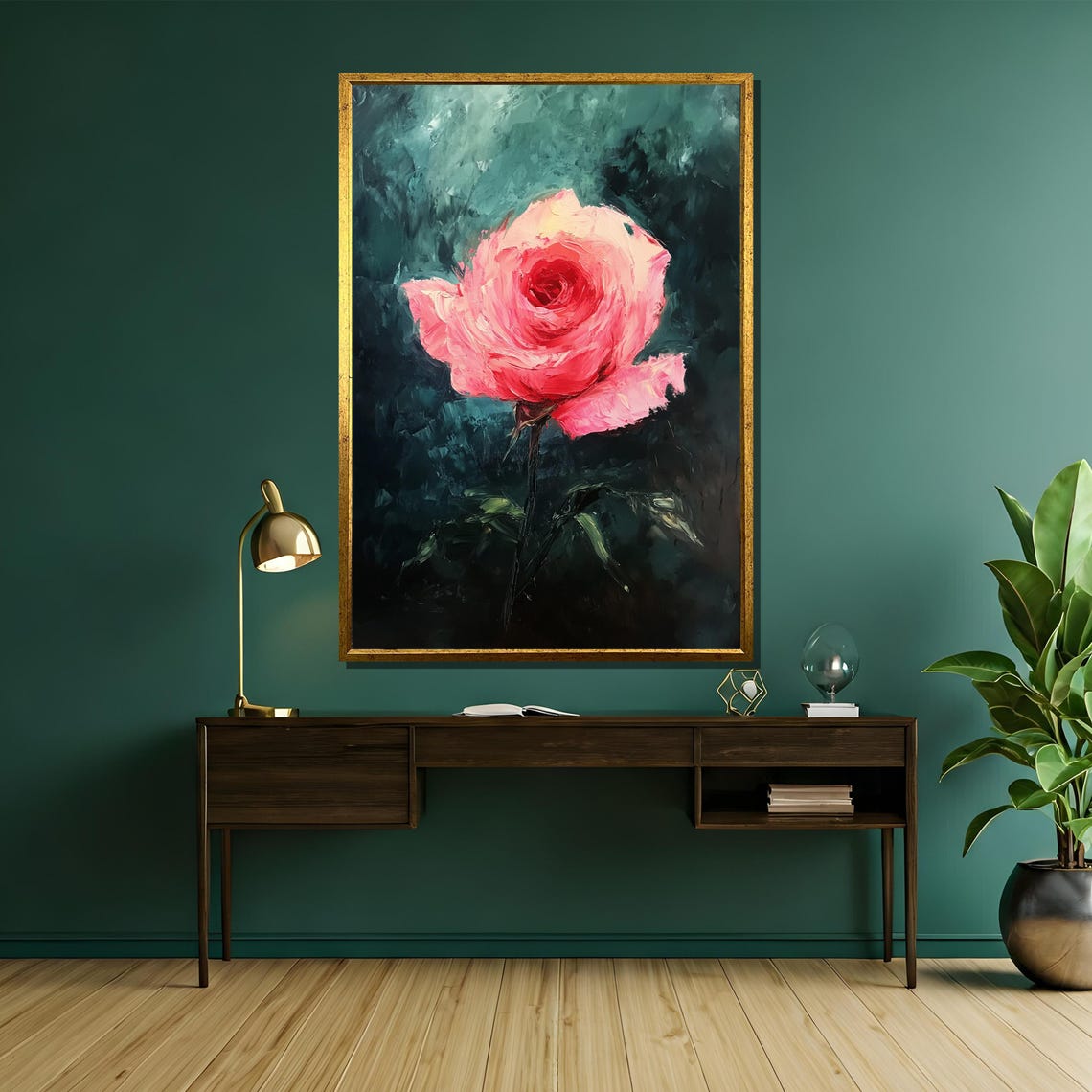Romantic Pink Rose Impressionist Style Dark Green Floral Poster - Image 5