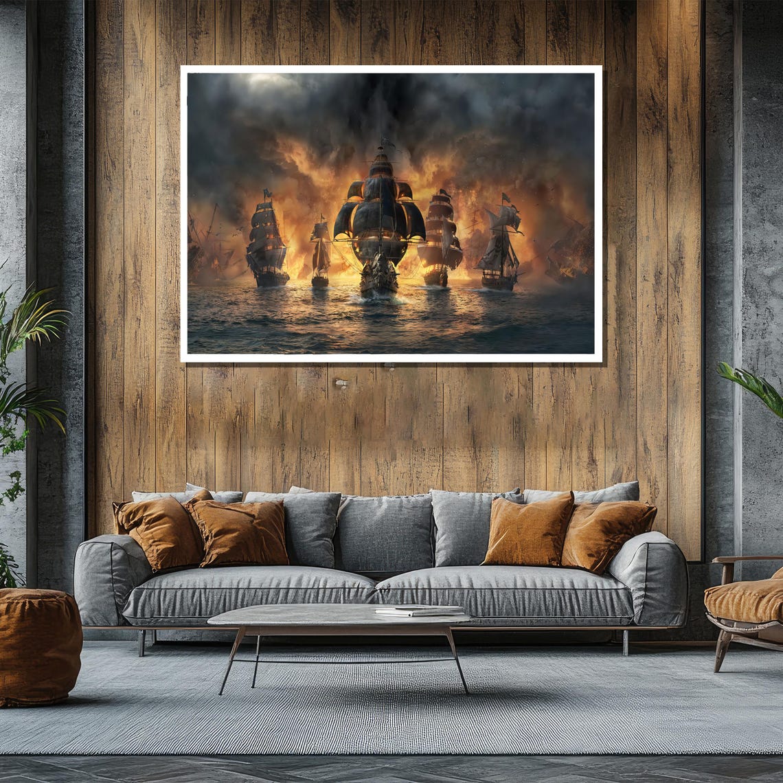 Epic Naval Battle Painting Dramatic Fiery Ship Scene Art Gift For Historical War Enthusiasts And Bold Wall Decor - Image 2