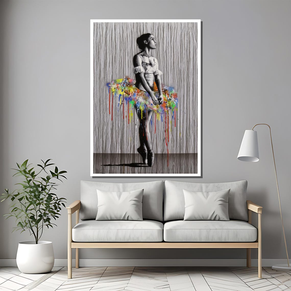 Monochrome Ballerina Dripping Paint Tutu Grey Background Poster - Image 2