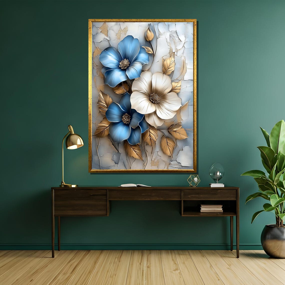 Blue And White Anemone With Gold Leaves Cracked Texture Poster - Image 5