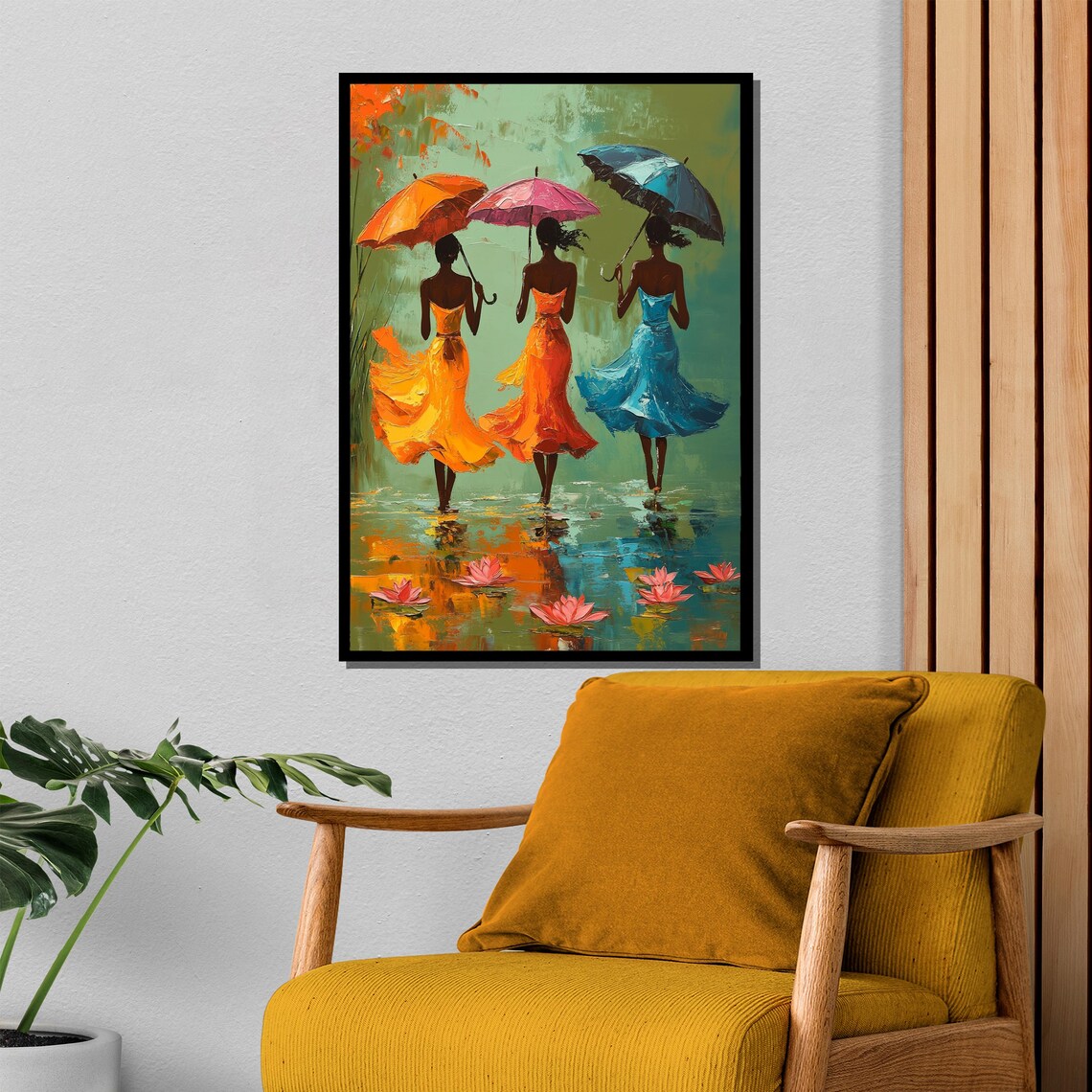 Romantic Three Women With Colorful Umbrellas Rainy Day Art Poster - Image 4
