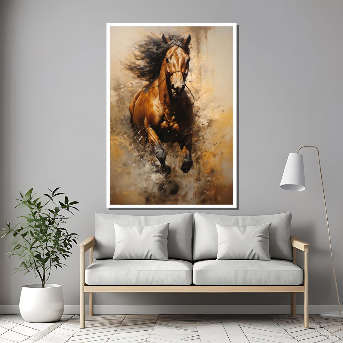 Galloping Chestnut Stallion Dynamic Horse Oil Painting Poster - Image 2