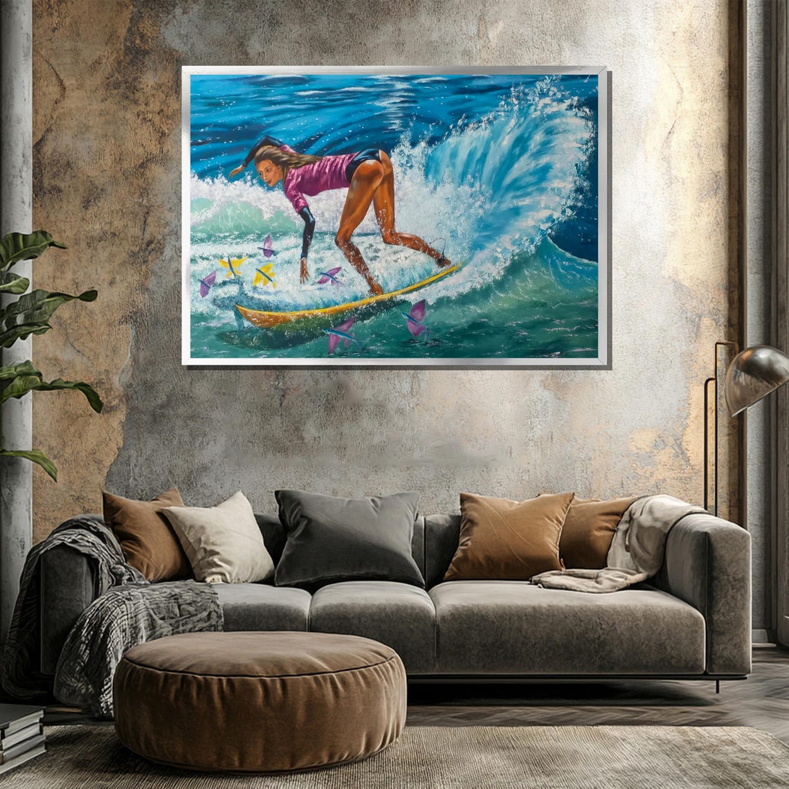 Dynamic Female Surfer Riding Waves Painting Vibrant Ocean Surf Art Ideal Gift For Beach Lovers Adventure Seekers Wall Decor - Image 3