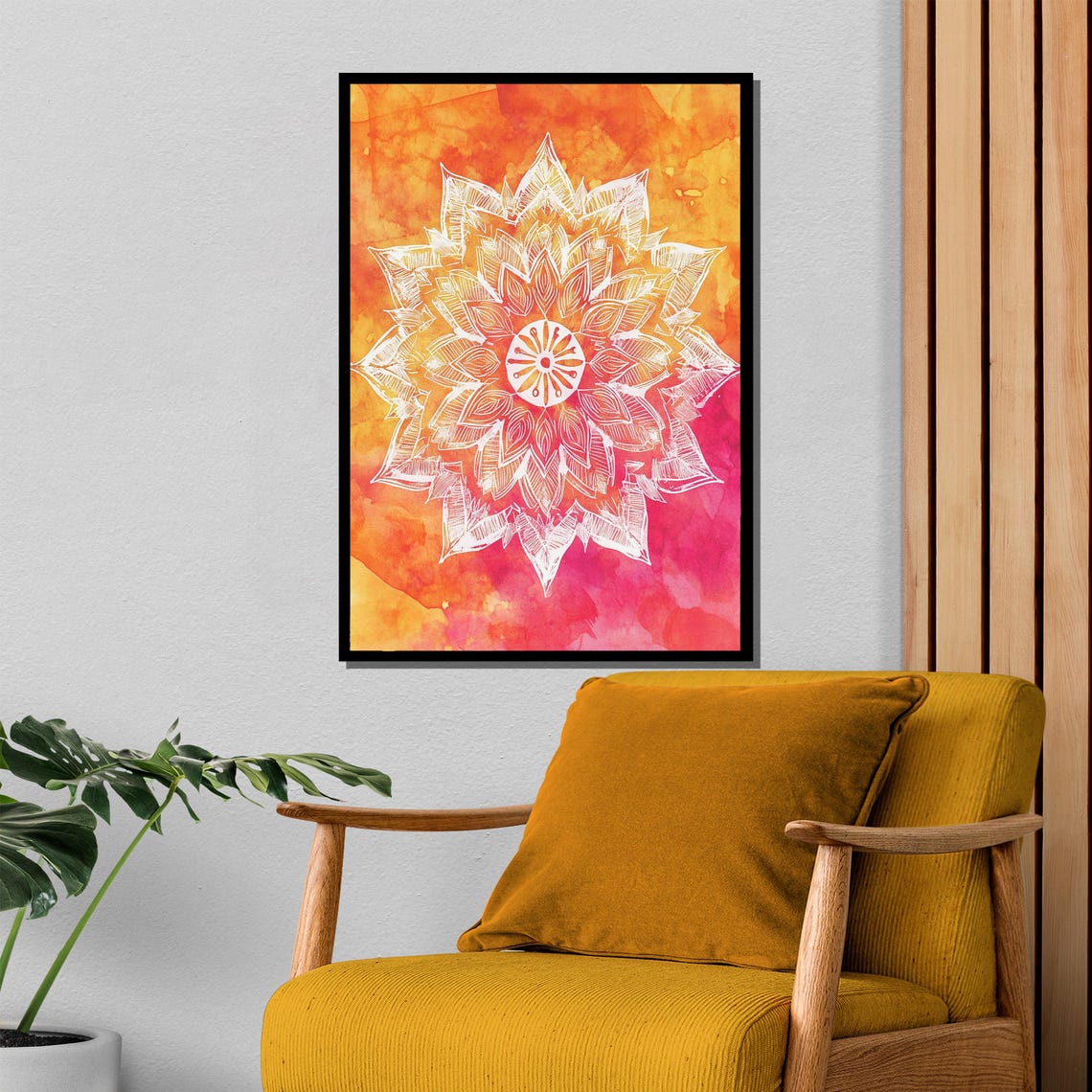 White Mandala Flower on Orange Pink Watercolor Sunset Art Poster - Image 4