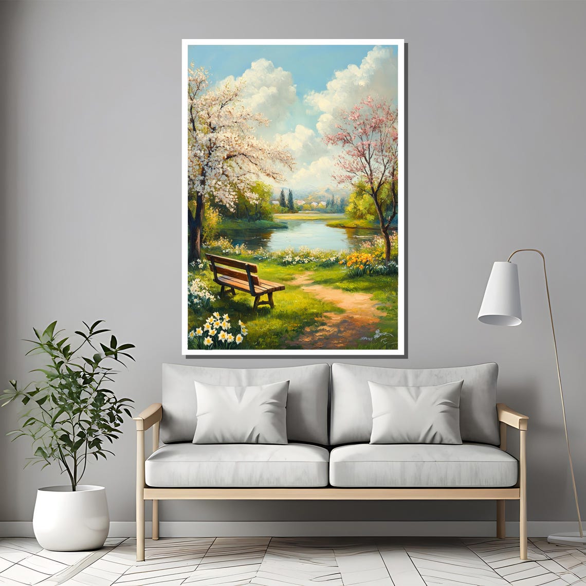 Serene Spring Landscape Painting With Blossoming Trees And Park Bench Peaceful Lakeside Scenery Wall Art For Home Decor Gift - Image 2