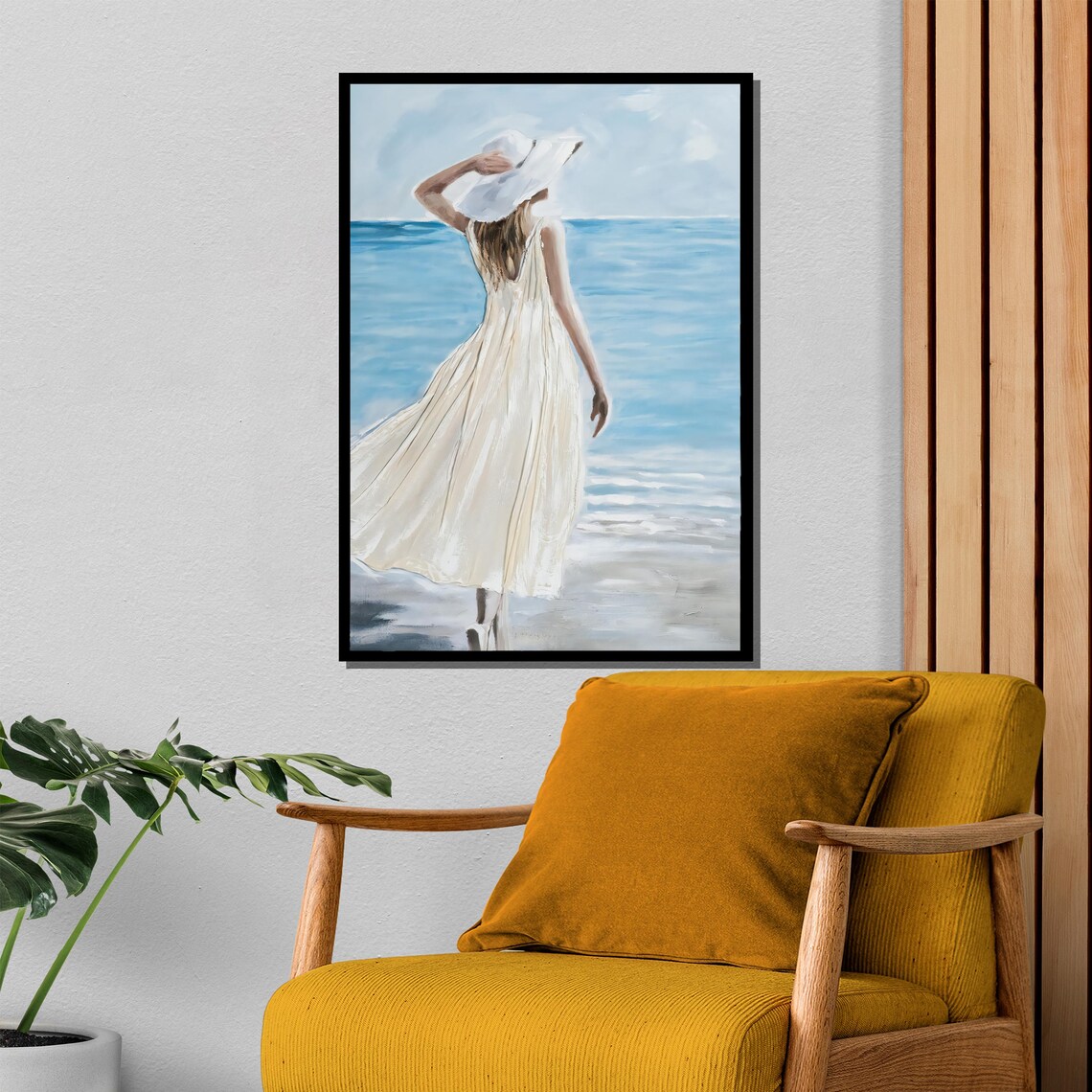 Woman in White Dress and Hat Walking on a Tranquil Beach Poster - Image 4