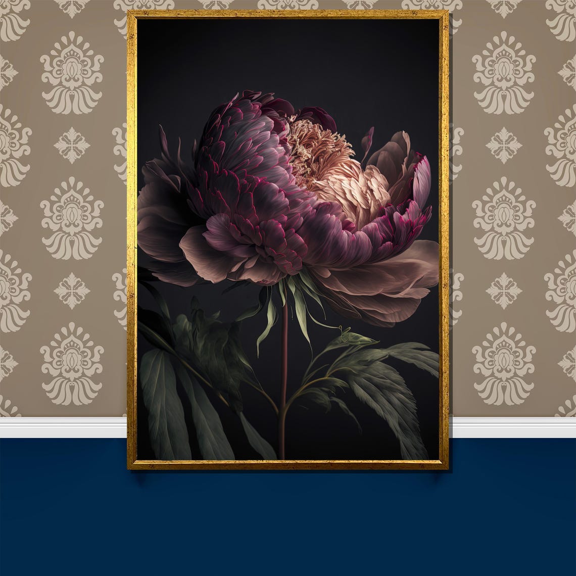 Dark Burgundy Peony Bloom on a Moody Black Background Poster
