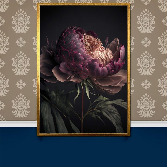 Elegant Dark Peony Painting Gift Moody Floral Art On Luxurious Botanical Wall Decor Peony Flower Painting Gift