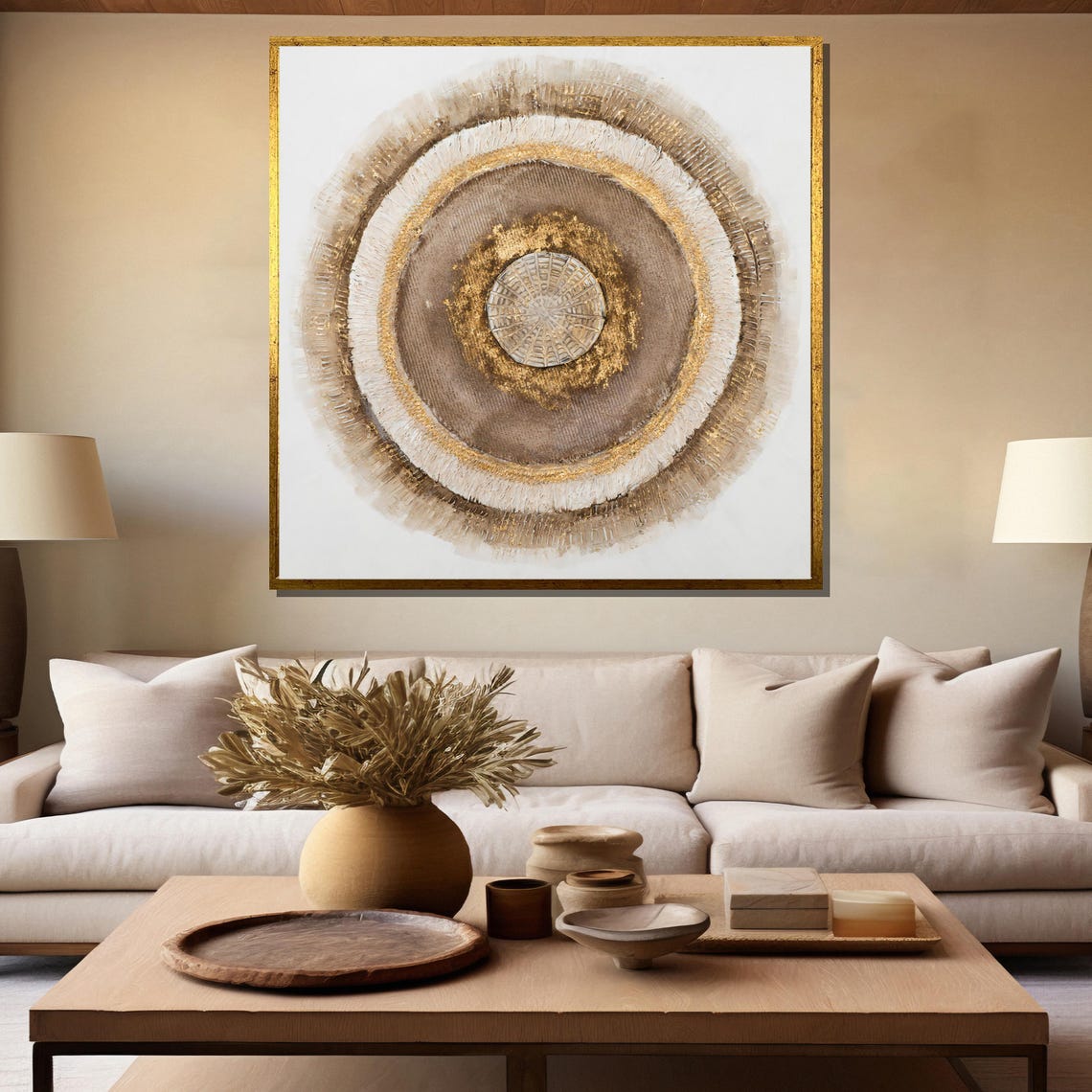 Beige and Gold Concentric Circle Textured Modern Abstract Poster