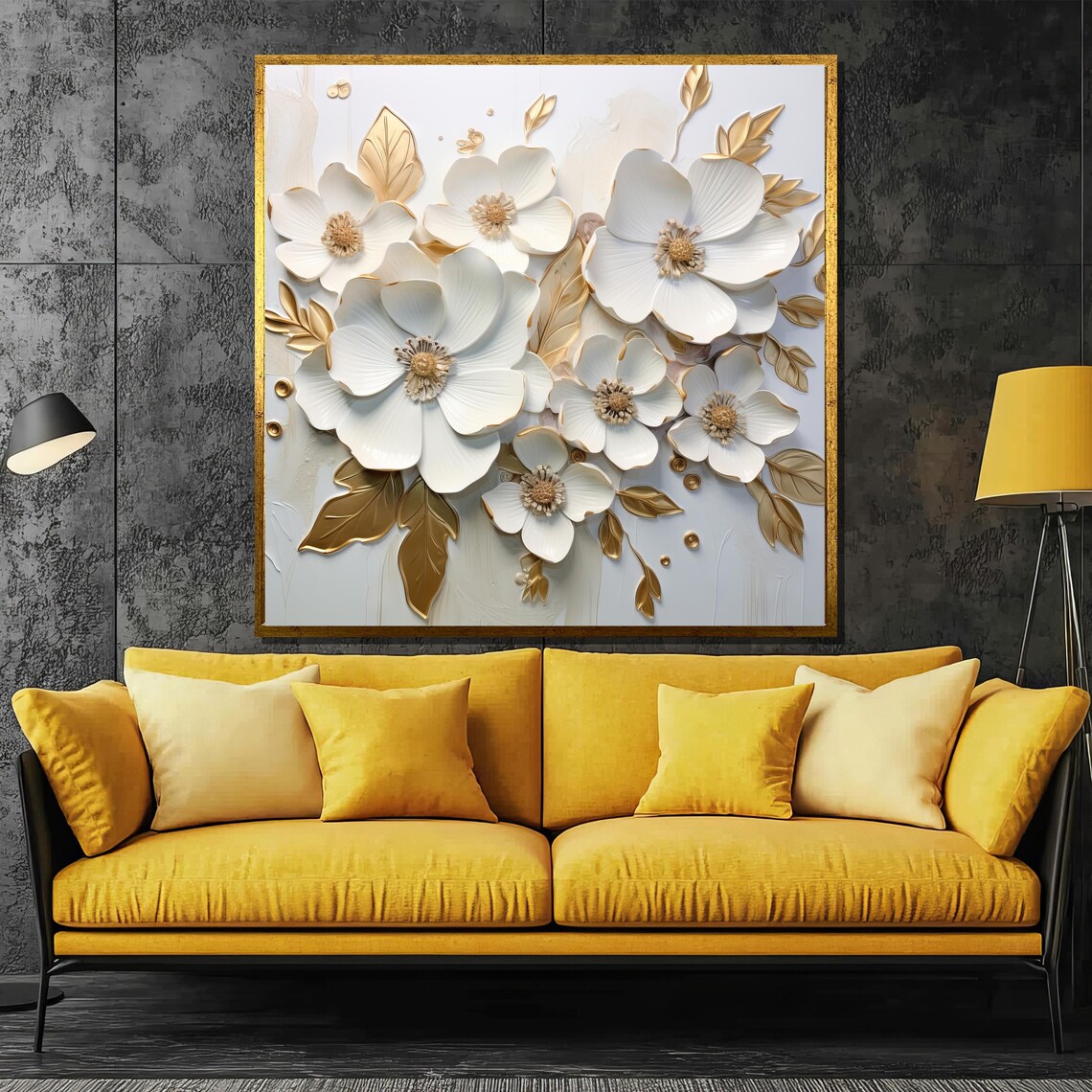 White Blossoms With Gold Outlines Elegant 3D Floral Art Poster