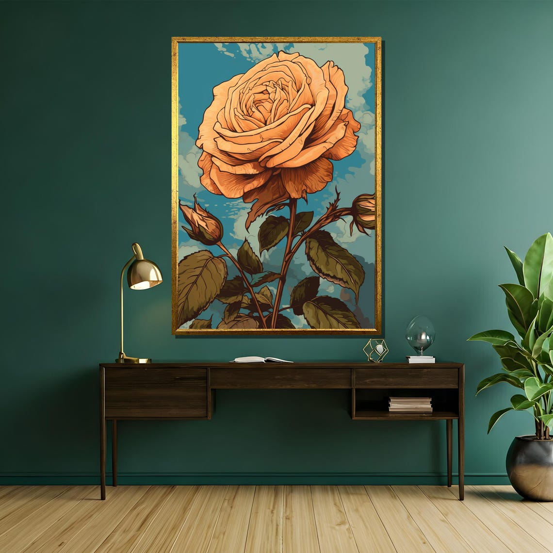 Vintage Orange Rose Illustration on a Teal Background Poster - Image 5
