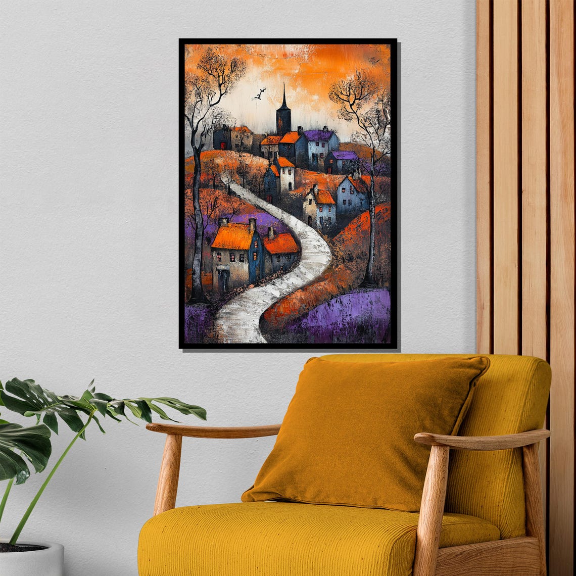 Village with Winding Path Orange Purple Sunset Landscape Poster - Image 4