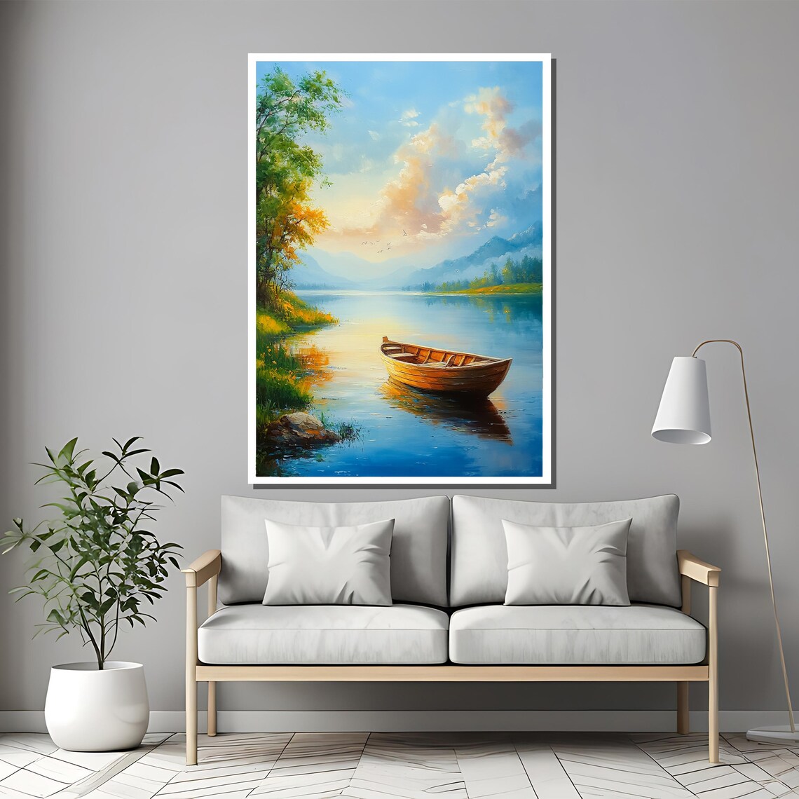 Wooden Rowboat on Calm Sunrise Lake Tranquil Landscape Painting Poster - Image 2