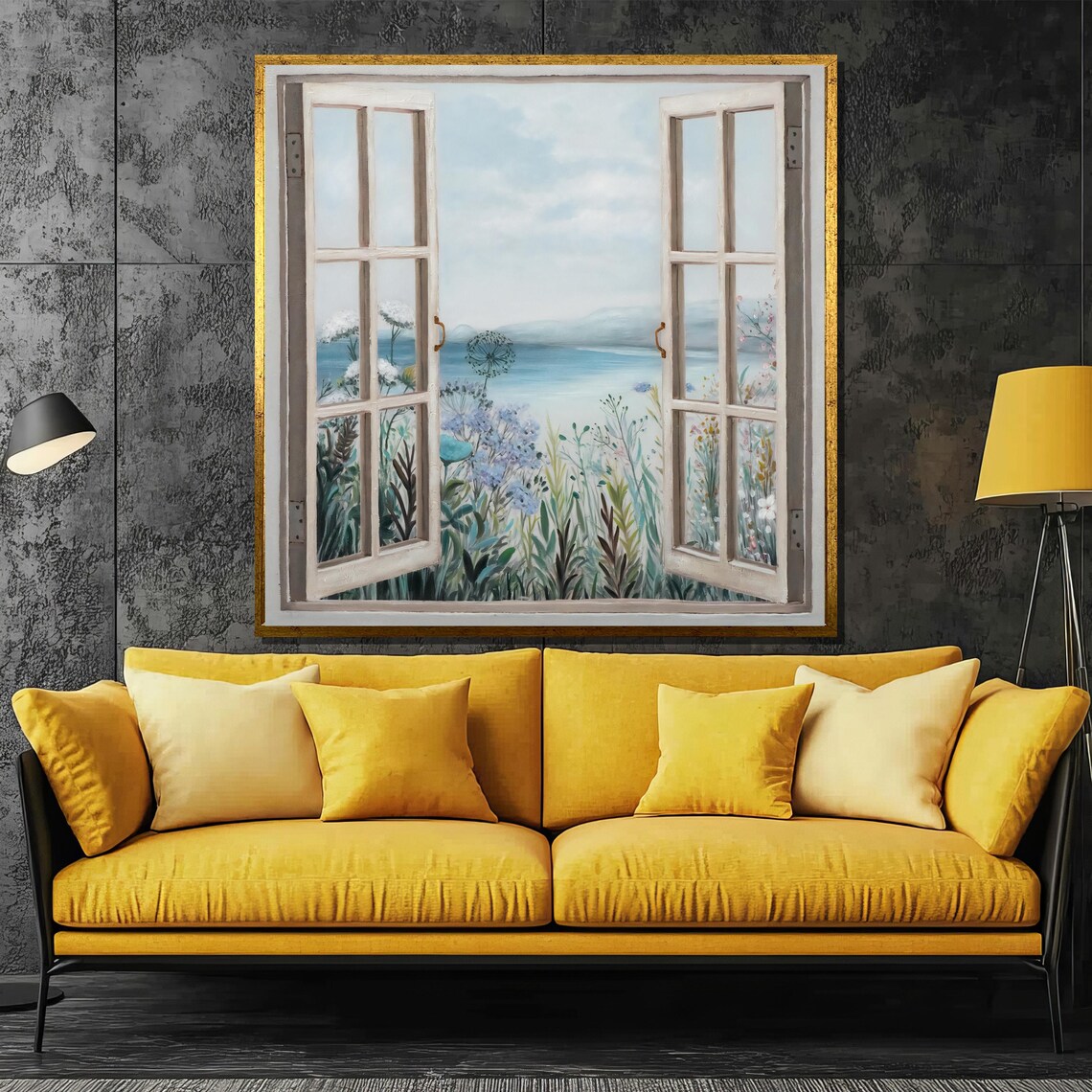 Open Window Lake Garden Wildflowers Serene View Landscape Poster