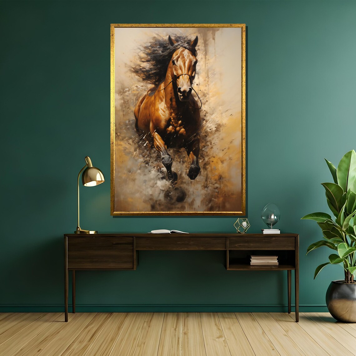 Galloping Chestnut Stallion Dynamic Horse Oil Painting Poster - Image 5