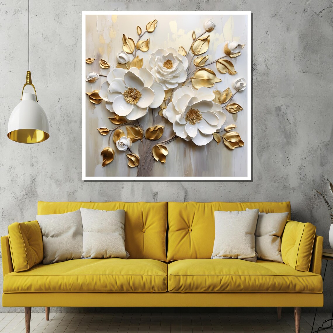 White 3D Flowers With Golden Leaves Luxury Floral Art Poster - Image 2