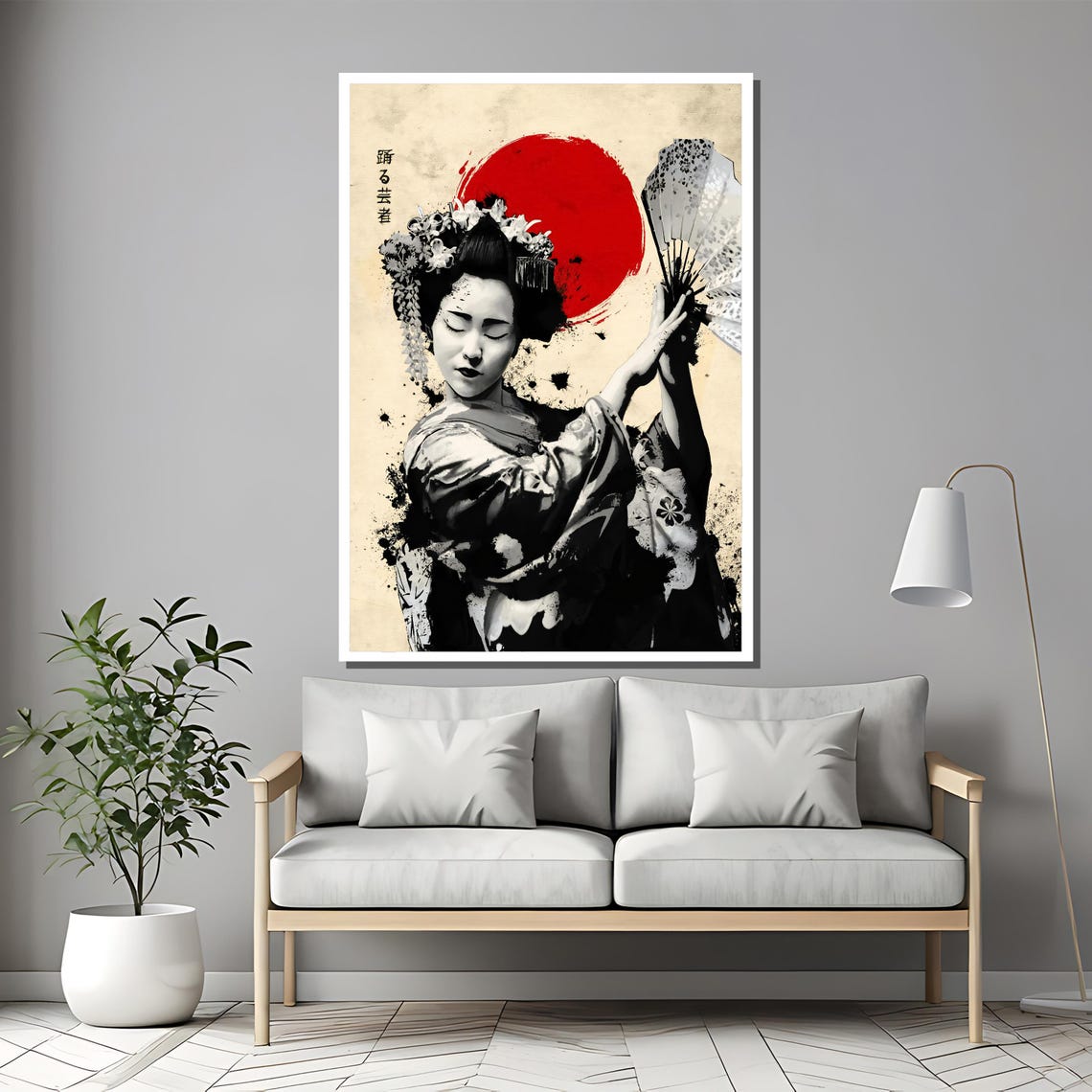 Dancing Geisha With Fan Ink Splash Red Sun Japanese Art Poster - Image 2
