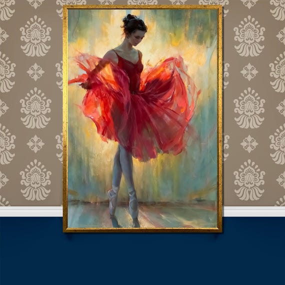 Graceful Red Ballerina Painting Elegant Dance Wall Art For Home Decor Unique Ballet Gift For Art And Dance Lovers