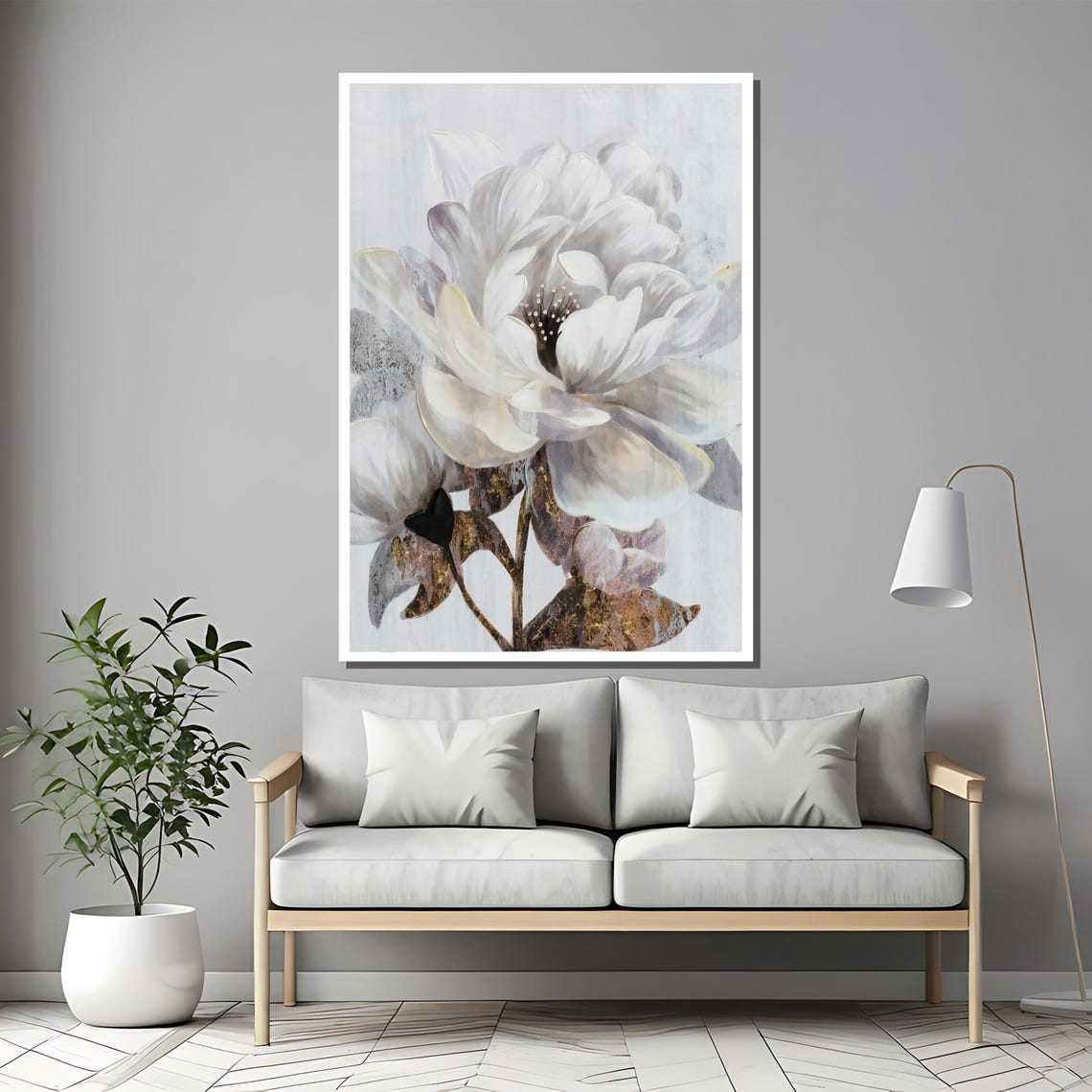 White Magnolia Close Up with Dark Gold Accented Leaves Poster - Image 2
