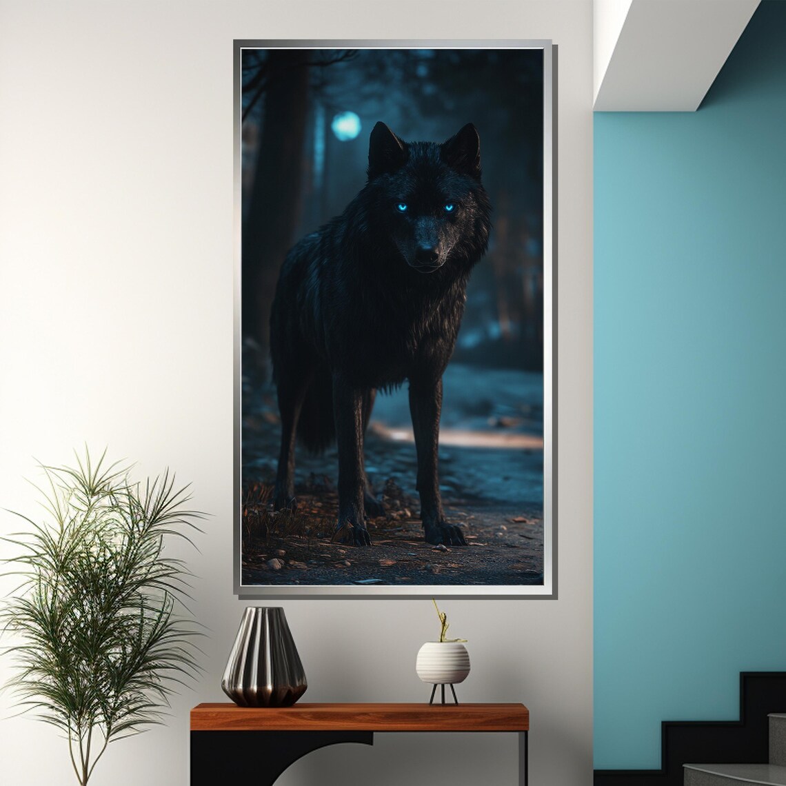 Midnight Howl Black Wolf With Glowing Blue Eyes in Dark Woods Poster - Image 3